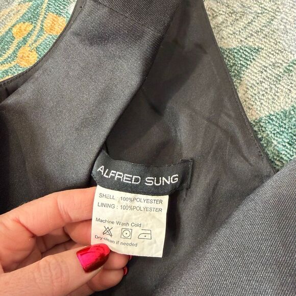 Alfred Sung Black Gown V-Neck Satin Twill A-Line Formal Maxi Dress Sleeveless 12 - Picture 4 of 13